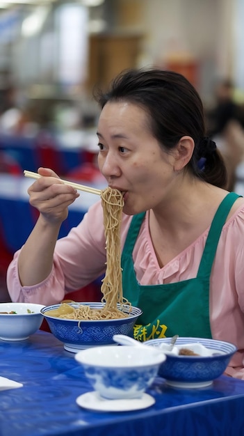 Photo chinese woman eating noodles medium shot