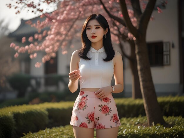 a Chinese woman in roseprint shorts and pantyhose emanating simplicity and elegance