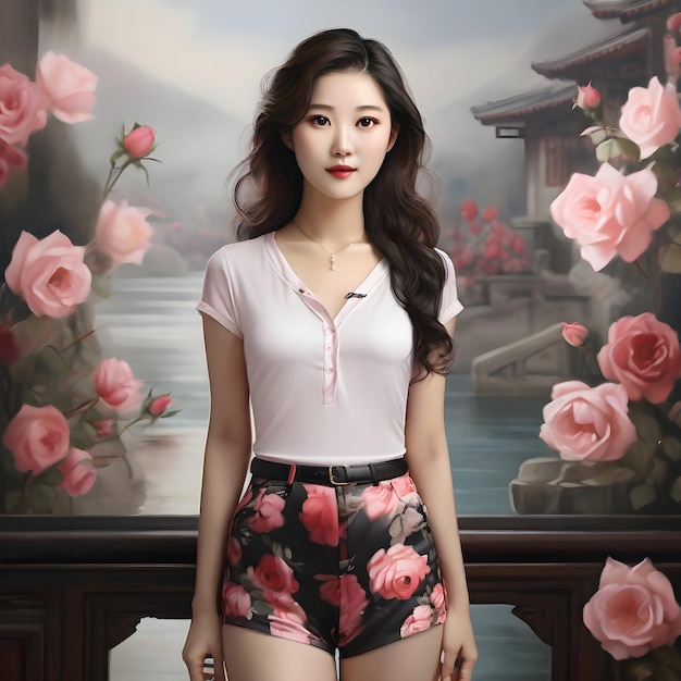 a Chinese woman in roseprint shorts and pantyhose emanating simplicity and elegance