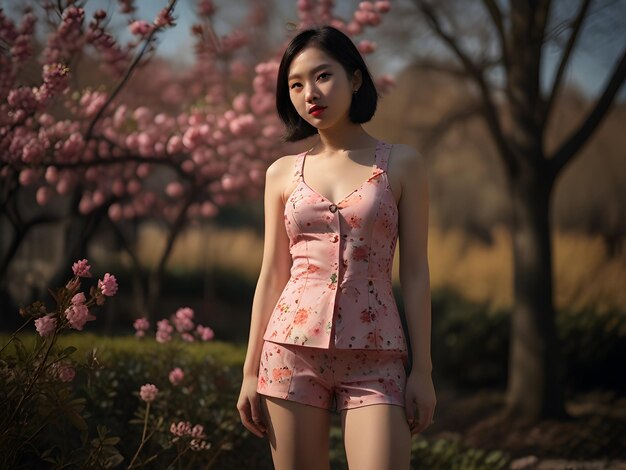 a Chinese woman in roseprint shorts and pantyhose emanating simplicity and elegance