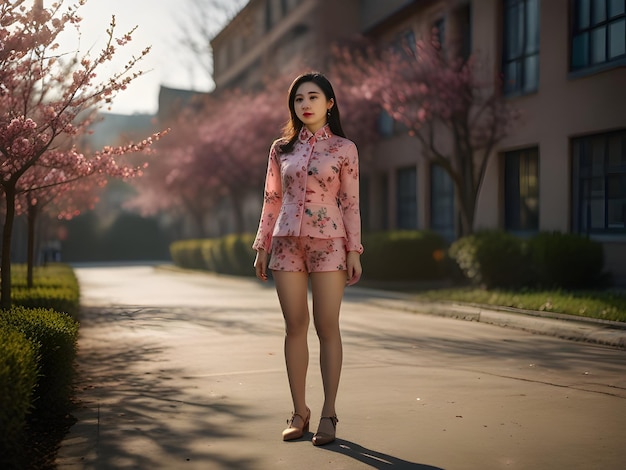 a Chinese woman in roseprint shorts and pantyhose emanating simplicity and elegance