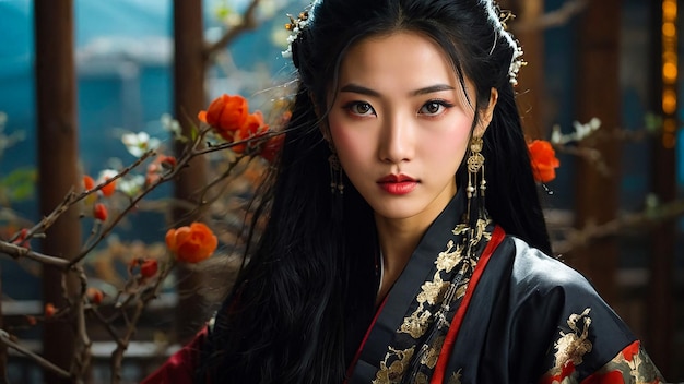 Chinese Woman Vintage Makeup Style Hanfu Black Robe Generated by AI