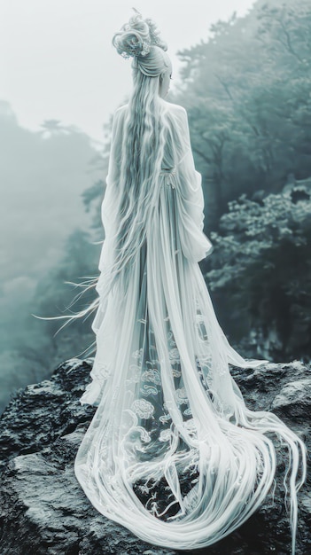 Chinese women wearing white long dress standing at cliff