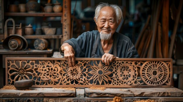 Chinese woodworker carving intricate patterns into a wooden screen divider