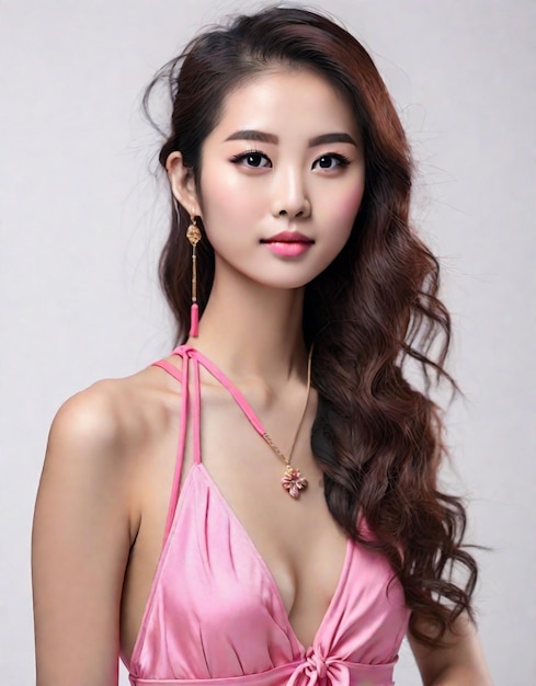 Chinese young girl portrait in pink dress isolated white background