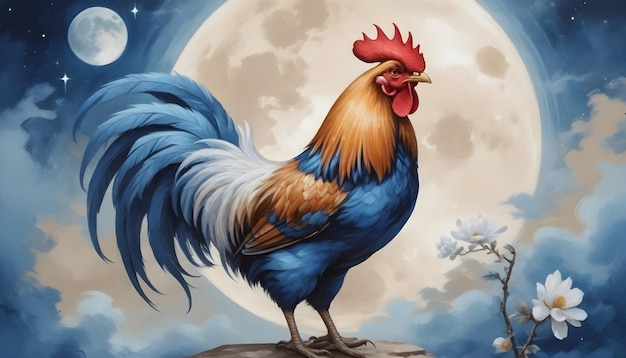 Chinese zodiac sign Rooster a rooster with a blue tail