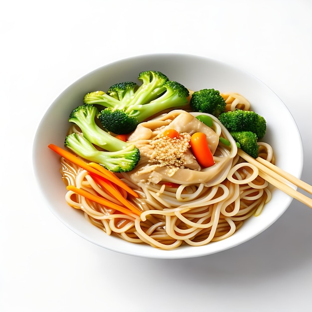 ChineseStyled Fried Noodle on bowl and chopsticks isolated on a white background