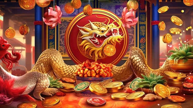 Chinesethemed slots adorned with symbols such as dragons lanterns and traditional Chinese characters Generated by AI