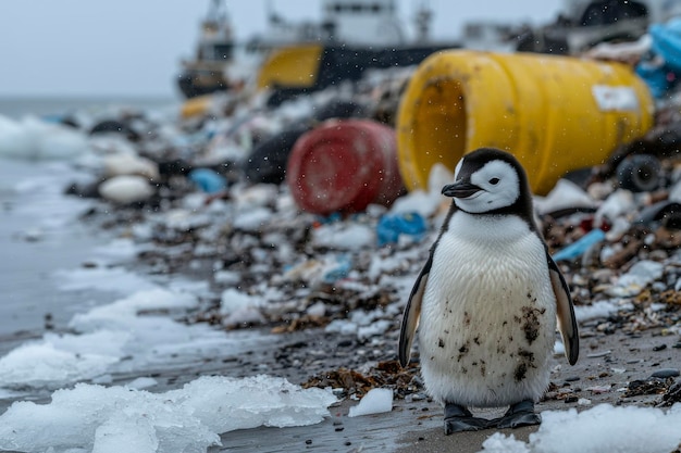 Photo a chinstrap penguin standing amidst plastic pollution on a snowy beach