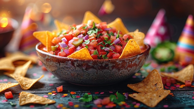 Chip and Dip featuring a colorful bowl of savory dip surrounded by an assortment of crispy chips