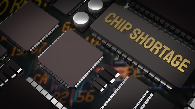 The  chip shortage text and ic and pcb board 3d rendering