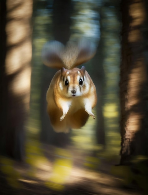 A chipmunk flying through the woods with the sun shining on his face.