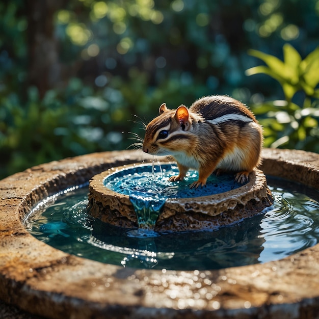 a chipmunk is drinking from a fountain in the garden