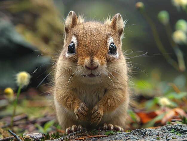 a chipmunk is sitting on the ground in the forest