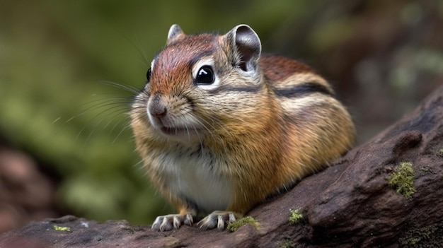 A chipmunk sits on a branch in the forest.