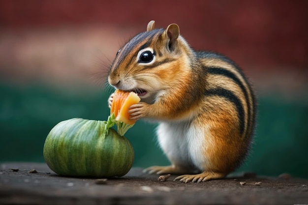 The chipmunk stuffs food into its mouth