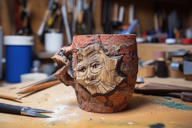 Chipped mug with sandpaper for smoothing edges created with generative ai