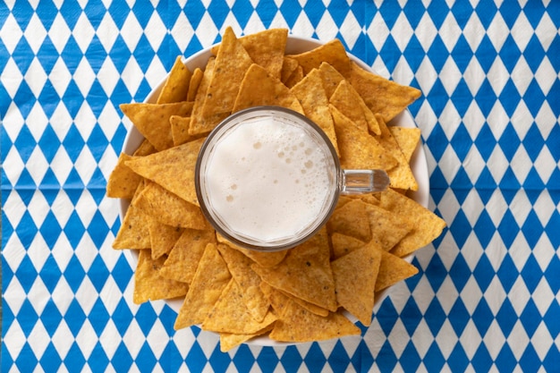 Chips and beer on Oktoberfest background