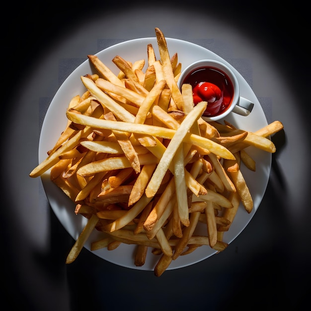 Chips fries and ketchup on a dark background