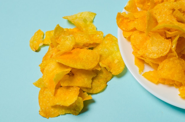 Chips in a white plate. concept of harmful food.