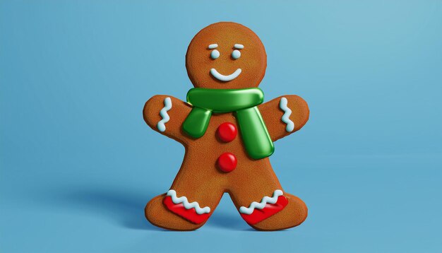 Photo chirtmas cookie gingerbread male with red buttons and green scarf 3d render illustration