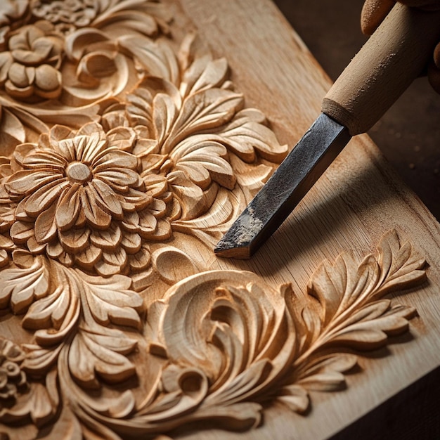 Photo a chisel carving intricate patterns into a piece of wood