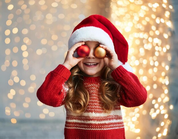 Photo chistmas child background happy kid in santa hat over eyes having fun on christmas lights