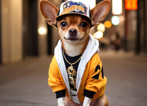 Photo chiwawa dog wearing a hoodie and hat