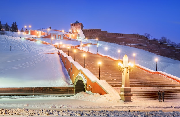 Chkalovskaya staircase near the walls of the Nizhny Novgorod Kremlin in the evening illumination