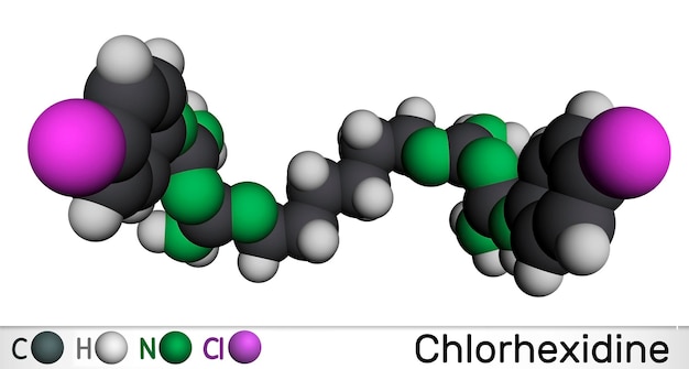 Chlorhexidine disinfectant and antiseptic drug molecule Molecular model 3D rendering