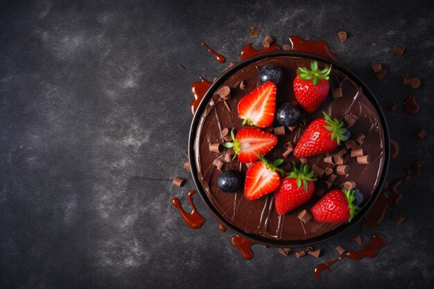 Photo chocholate cake with strawberry with copy space