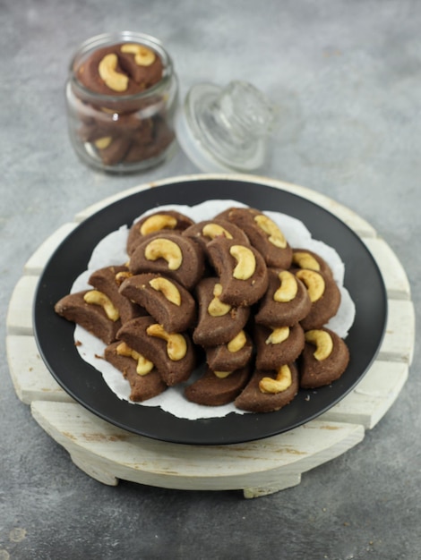 Choco cashew cookies. Chocolate cookies with cashew nut topping.