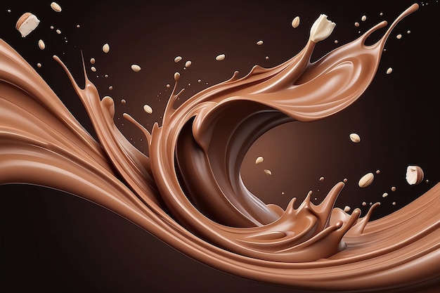 chocolate ad with milk and cocoa flow elements brown background