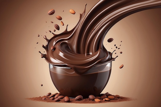 chocolate ad with milk and cocoa flow elements brown background