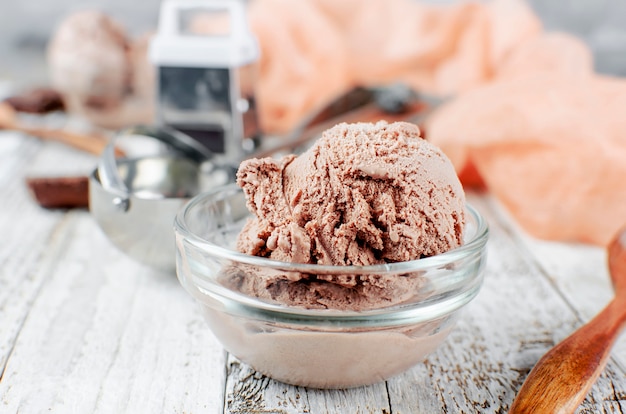 Chocolate ball ice cream in a bowl