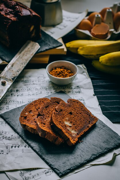 Chocolate banana bread, morning breakfast 