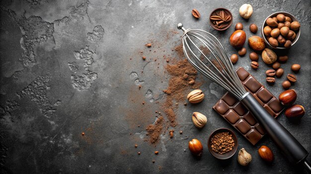 Photo chocolate bar cocoa powder whisk nuts and spices on grey background