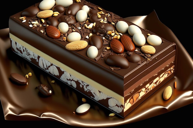 A chocolate bar filled with nougat and peanuts