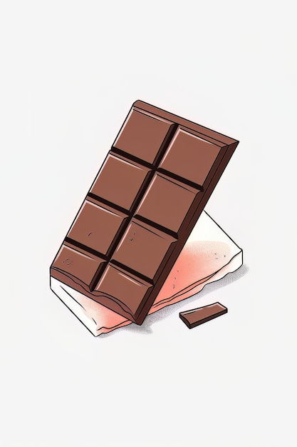 A chocolate bar is on a white background with a pink square.