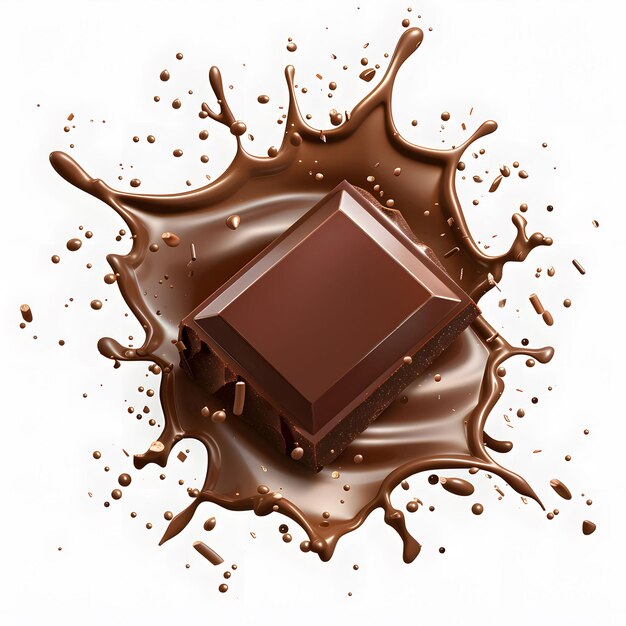 Chocolate bar submerged in cocoa creating dynamic splash pattern Dark bar contrasts