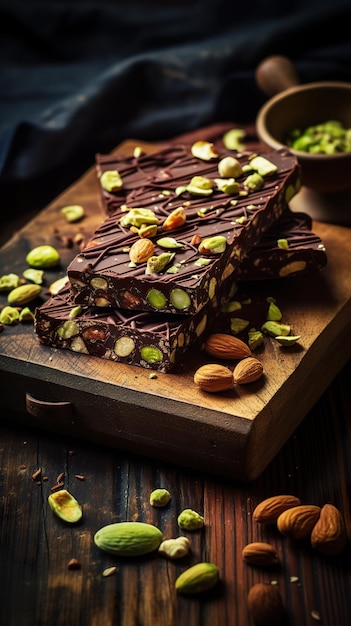 Chocolate bar with almond and pistachios