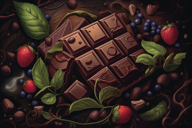 Chocolate bar with berries and chocolate chips on a table generative ai