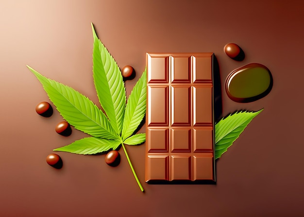 Chocolate bar with cannabis leaves on brown gradient background