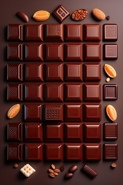 A chocolate bar with chocolate pieces and cacao beans on the sides