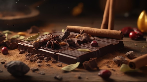 A chocolate bar with cinnamon sticks and cinnamon sticks on the table.