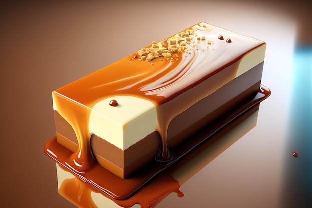 A chocolate bar with cocoa and creamy nougat topped with caramel and milk chocolate