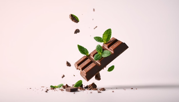 a chocolate bar with green leaves and a green leaf