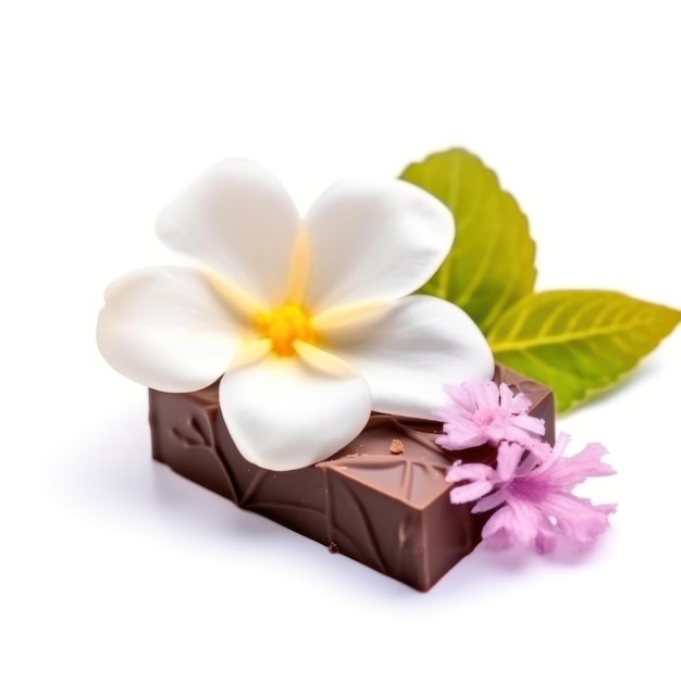 A chocolate bar with white flowers on it