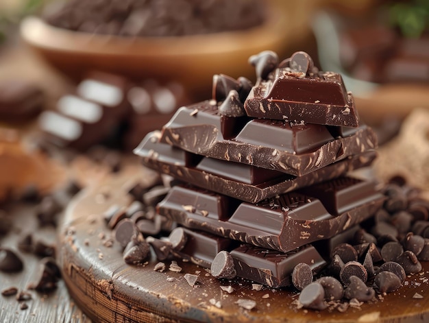 Chocolate bars with chips on wooden cutting board for baking