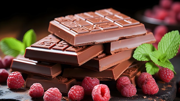 Chocolate bars with red fruits raspberries and mint Chocolate world day